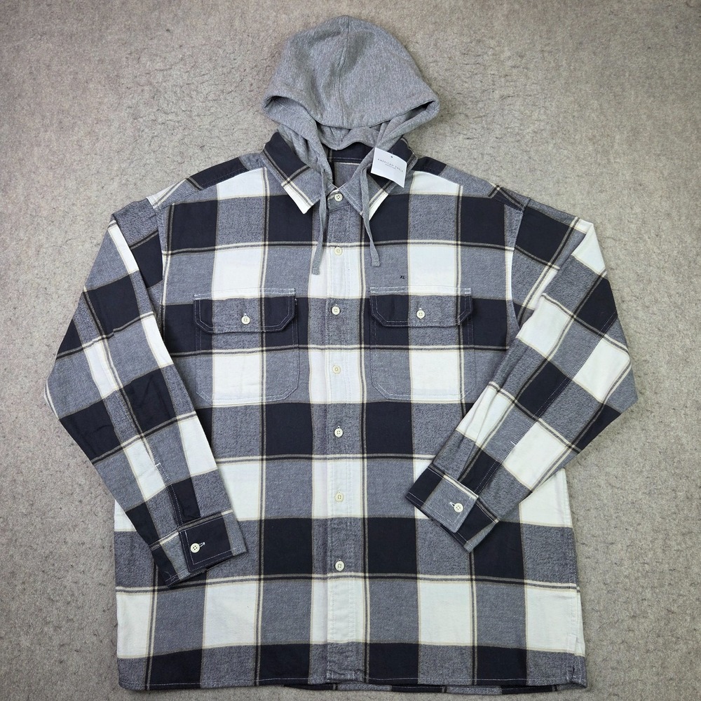 American Eagle Shacket Mens XL Black Gray Plaid Hooded Flannel Button Down NEW